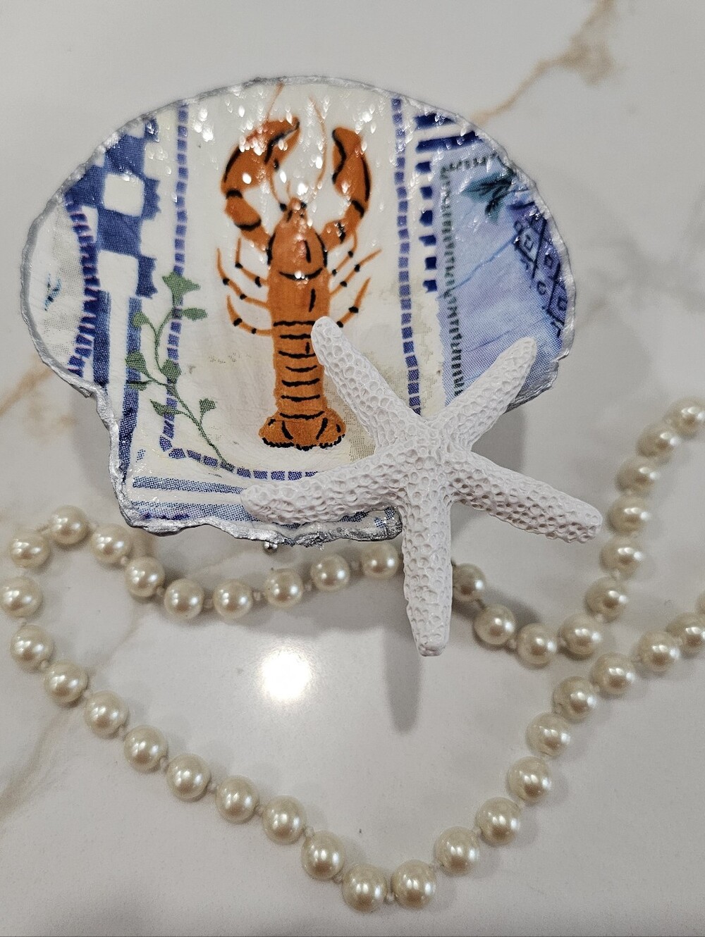 Handmade Blue & White Lobster Print Decoupage Scallop Shell Trinket Dish w/Stand